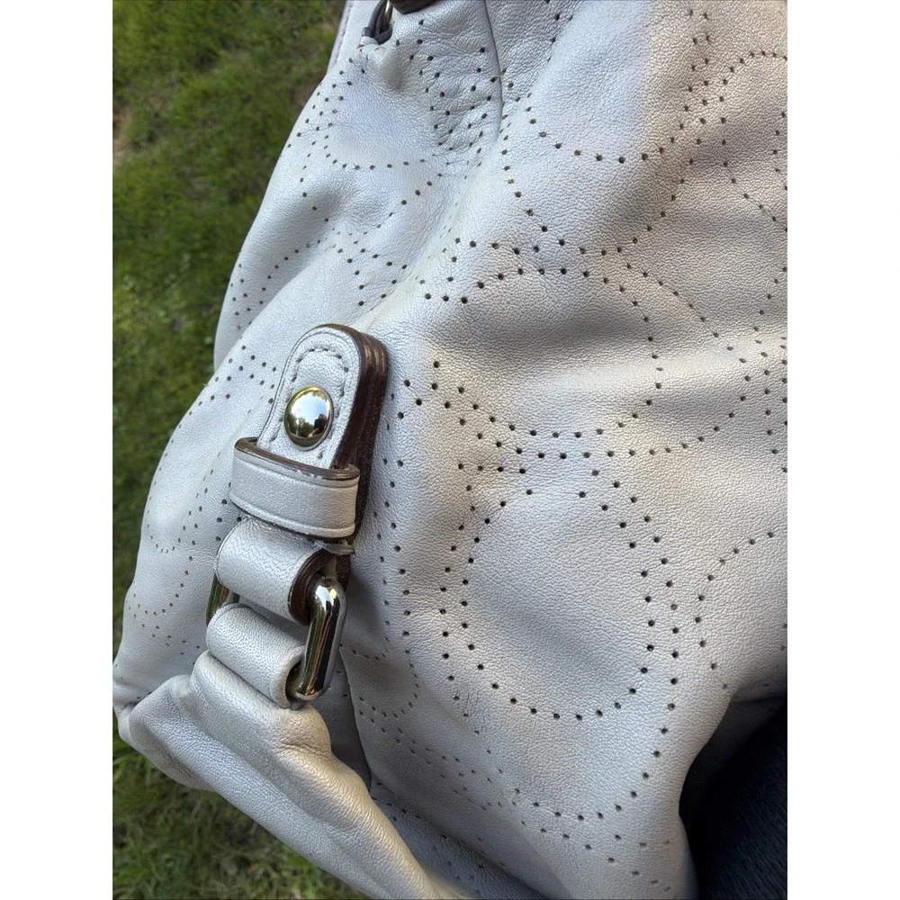 COACH Brooke Dove Gray Leather Perforated Signature Hobo Purse Boho
